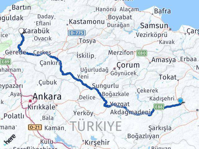 Sivas Yıldızeli Karabük Arası Kaç Km - Yol Haritası