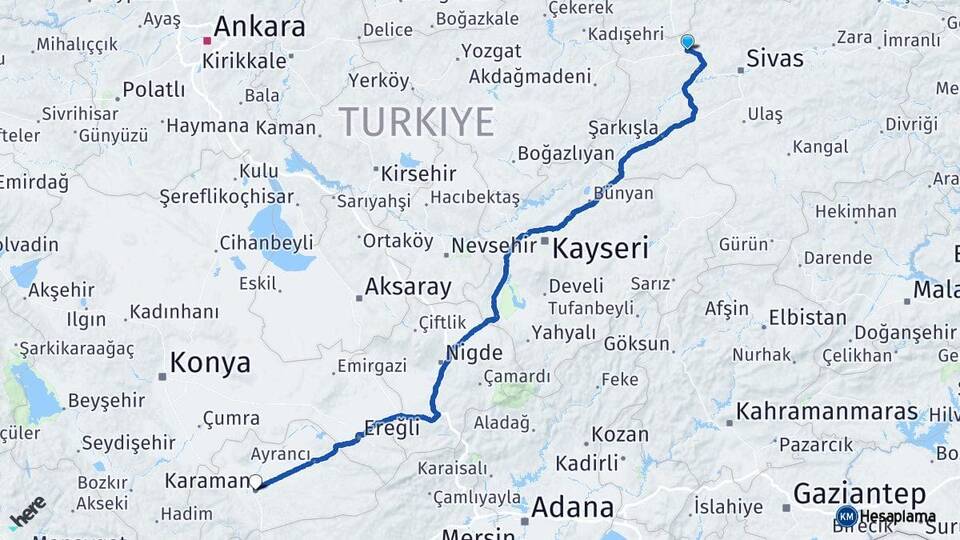 Sivas Yıldızeli Karaman Arası Kaç Km - Yol Haritası