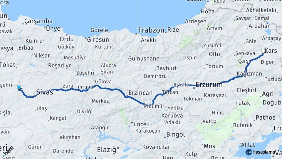 Sivas Yıldızeli Kars Arası Kaç Km - Yol Haritası