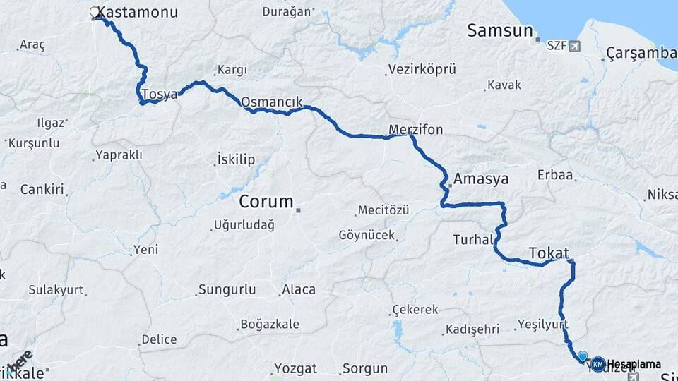 Sivas Yıldızeli Kastamonu Arası Kaç Km - Yol Haritası