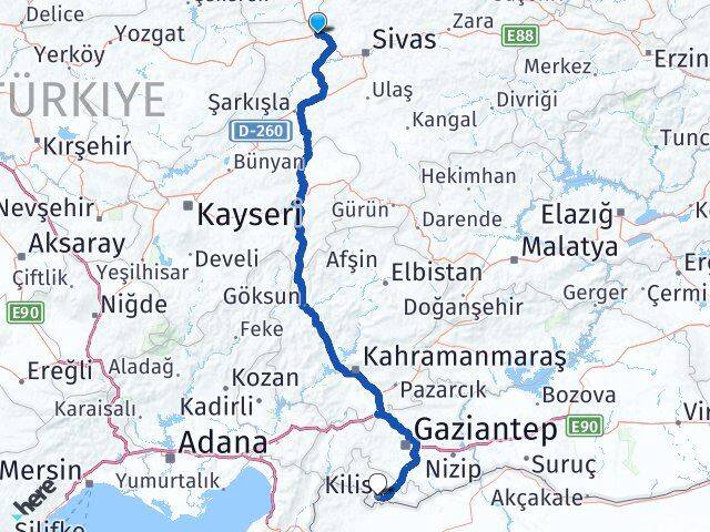 Sivas Yıldızeli Kilis Arası Kaç Km - Yol Haritası