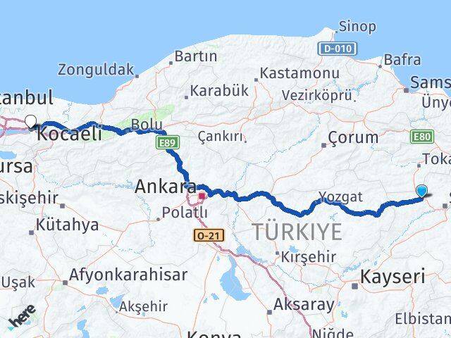 Sivas Yıldızeli Kocaeli Arası Kaç Km - Yol Haritası