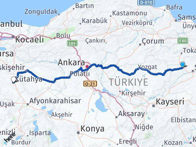 Sivas Yıldızeli Kütahya Arası Kaç Km - Yol Haritası