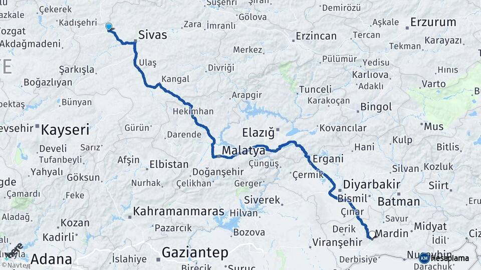 Sivas Yıldızeli Mardin Arası Kaç Km - Yol Haritası