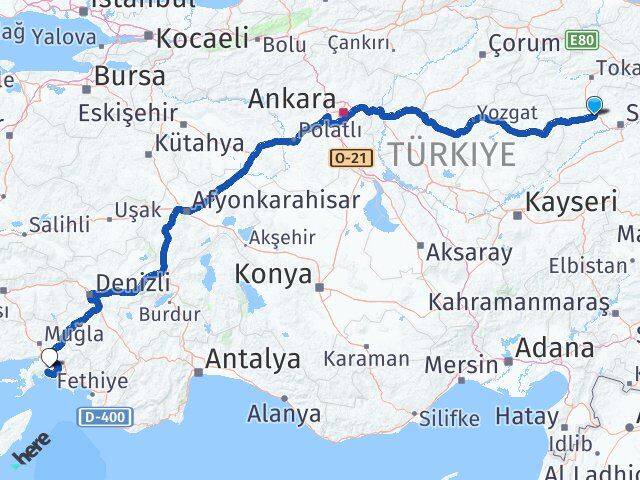 Sivas Yıldızeli Muğla Arası Kaç Km - Yol Haritası