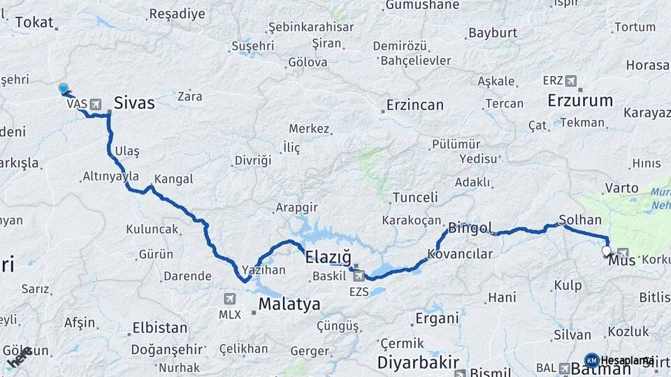 Sivas Yıldızeli Muş Arası Kaç Km - Yol Haritası