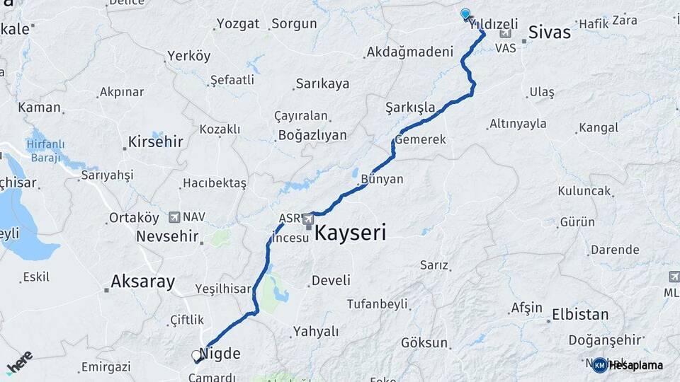 Sivas Yıldızeli Niğde Arası Kaç Km - Yol Haritası