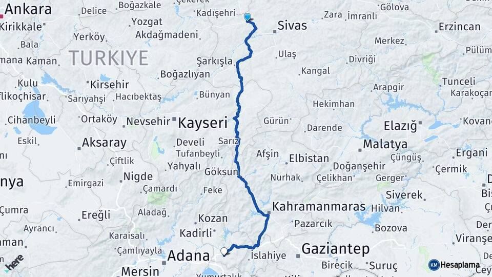 Sivas Yıldızeli Osmaniye Arası Kaç Km - Yol Haritası