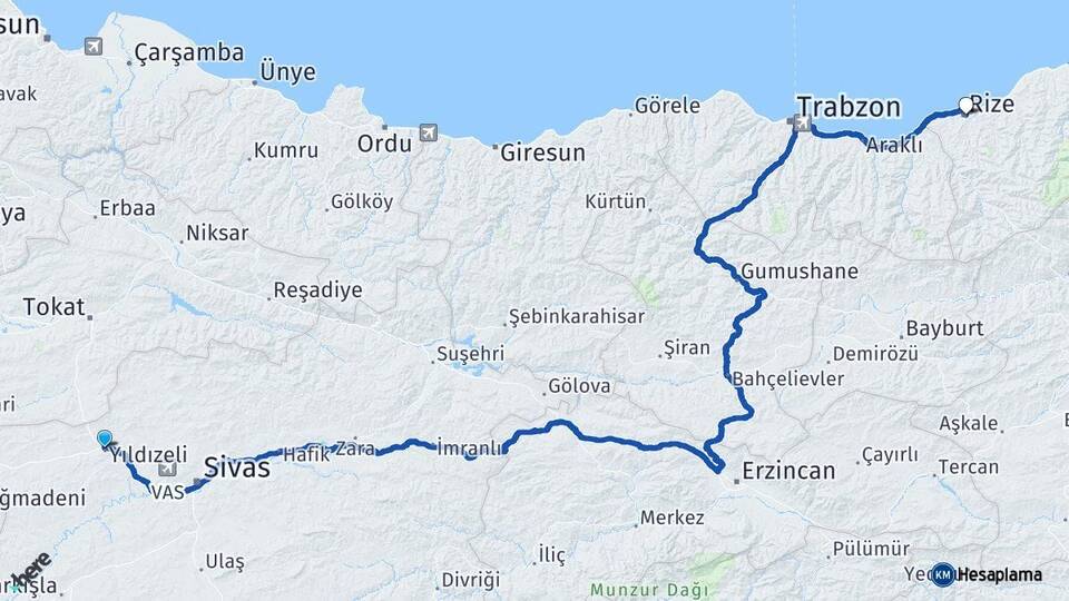 Sivas Yıldızeli Rize Arası Kaç Km - Yol Haritası