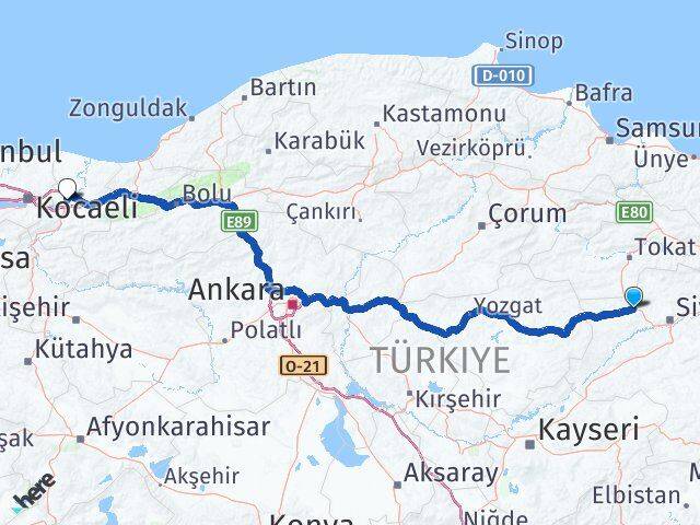 Sivas Yıldızeli Sakarya Arası Kaç Km - Yol Haritası