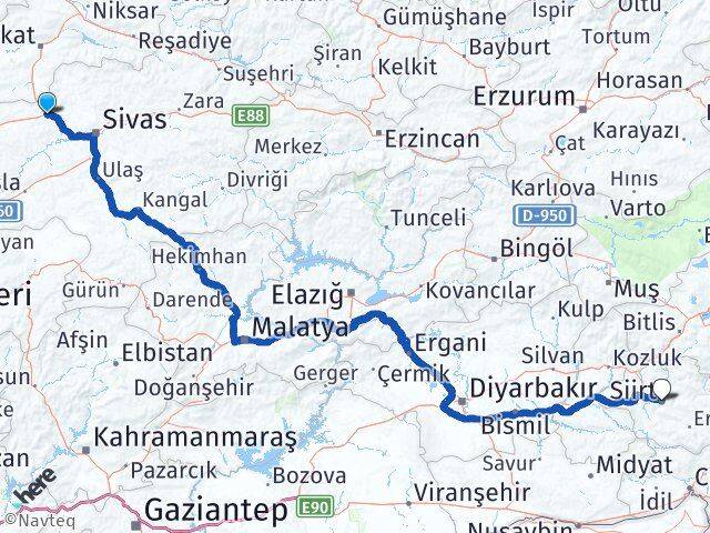 Sivas Yıldızeli Siirt Arası Kaç Km - Yol Haritası