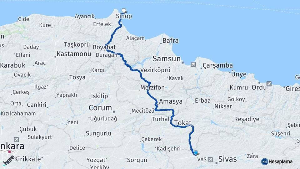Sivas Yıldızeli Sinop Arası Kaç Km - Yol Haritası