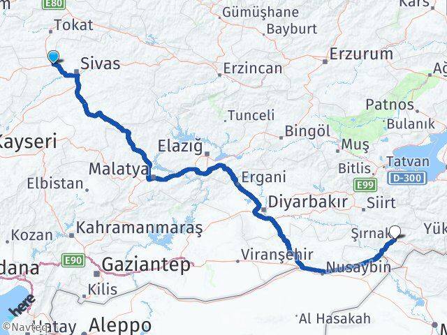 Sivas Yıldızeli Şırnak Arası Kaç Km - Yol Haritası