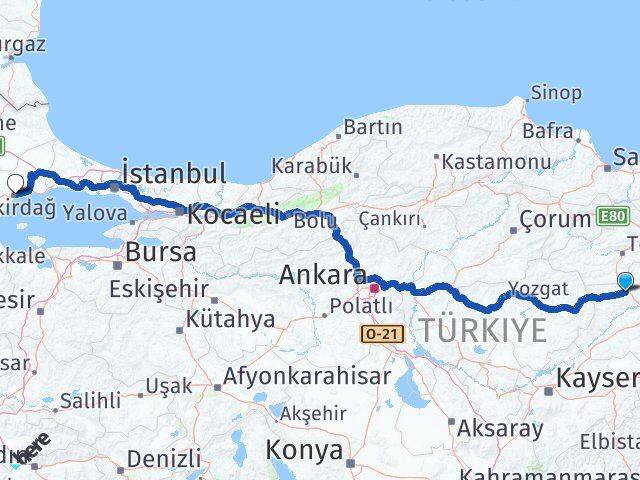 Sivas Yıldızeli Tekirdağ Arası Kaç Km - Yol Haritası