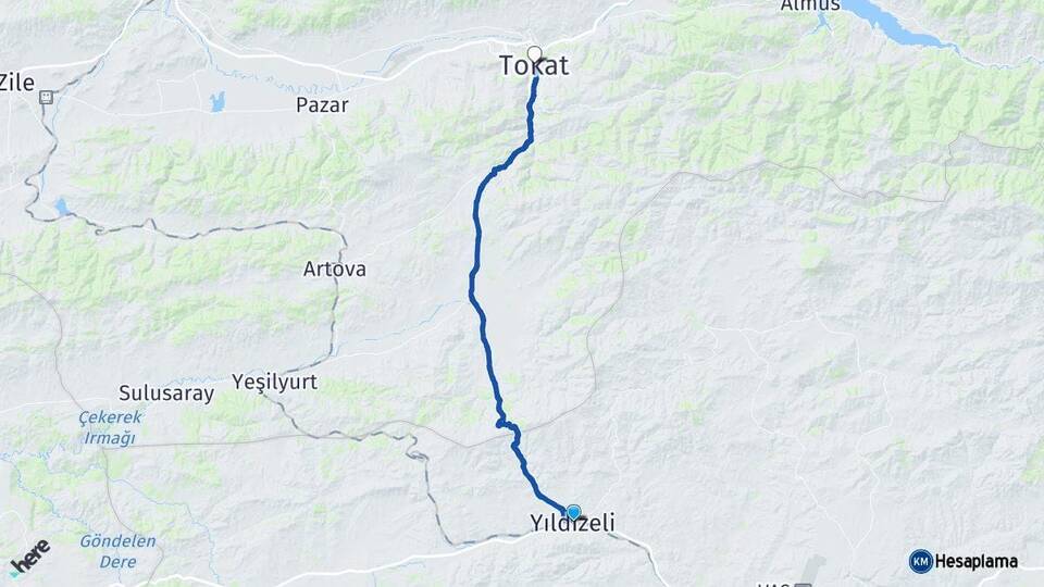 Sivas Yıldızeli Tokat Arası Kaç Km - Yol Haritası