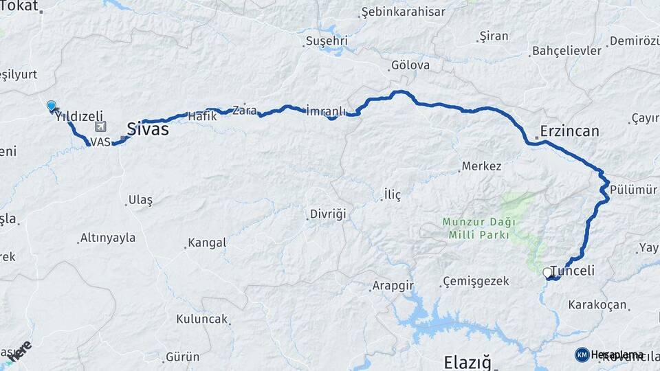 Sivas Yıldızeli Tunceli Arası Kaç Km - Yol Haritası