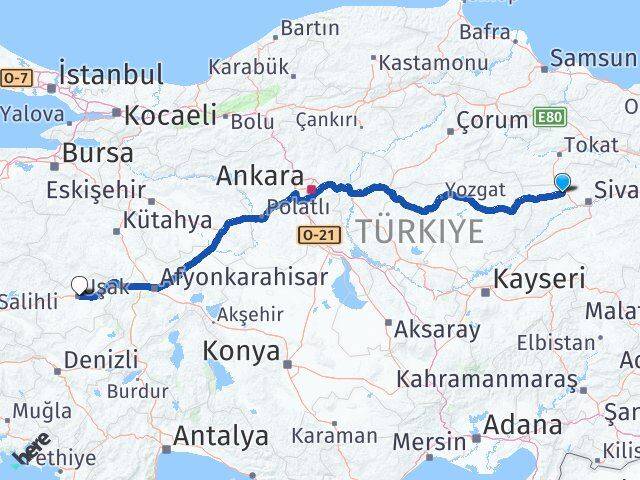 Sivas Yıldızeli Uşak Arası Kaç Km - Yol Haritası