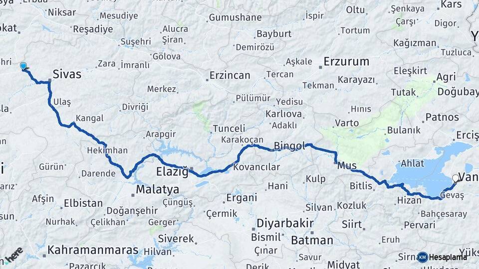 Sivas Yıldızeli Van Arası Kaç Km - Yol Haritası