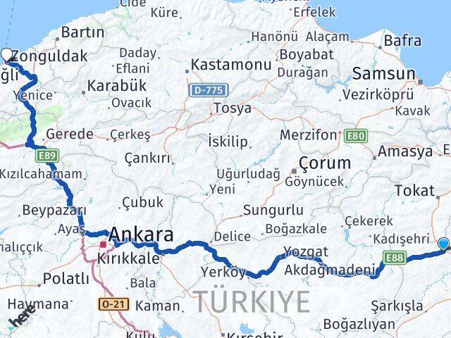 Sivas Yıldızeli Zonguldak Arası Kaç Km - Yol Haritası