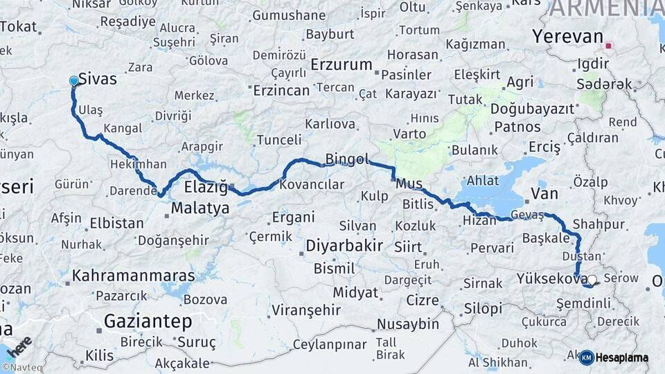 Sivas Yüksekova Hakkari Arası Kaç Km - Yol Haritası