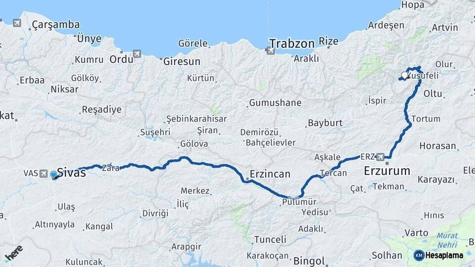 Sivas Yusufeli Artvin Arası Kaç Km - Yol Haritası