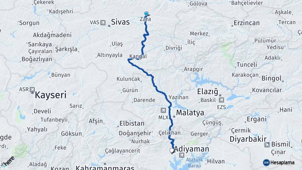 Sivas Zara Adıyaman Arası Kaç Km - Yol Haritası