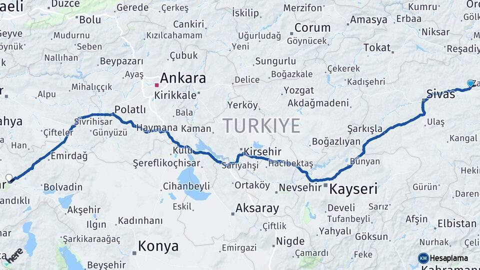 Sivas Zara Afyonkarahisar Arası Kaç Km - Yol Haritası