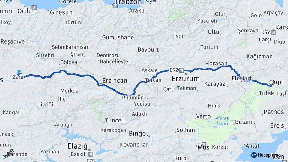 Sivas Zara Ağrı Arası Kaç Km - Yol Haritası