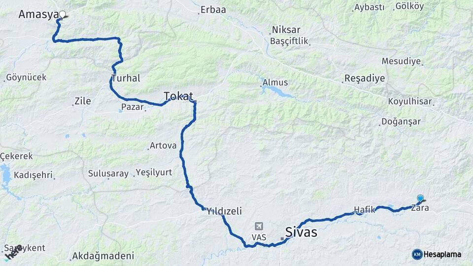 Sivas Zara Amasya Arası Kaç Km - Yol Haritası