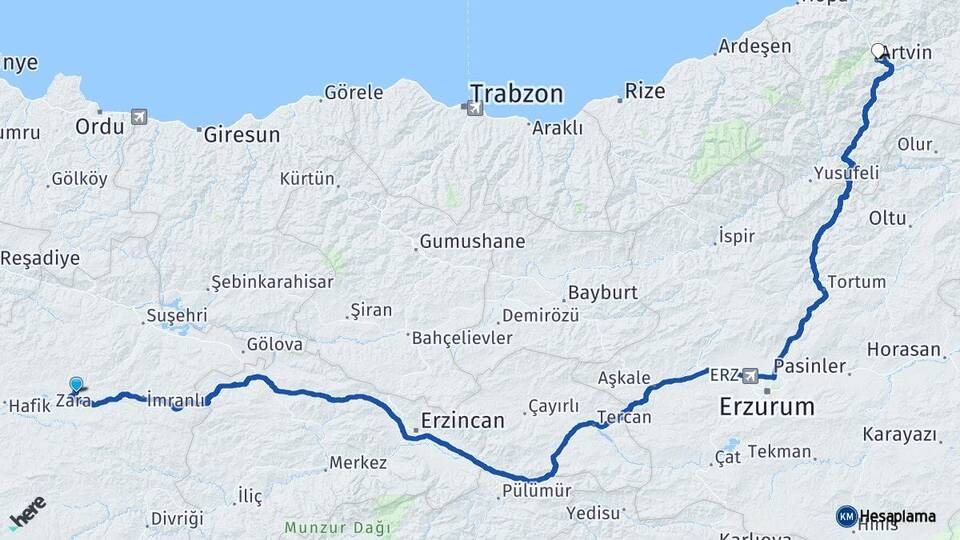 Sivas Zara Artvin Arası Kaç Km - Yol Haritası