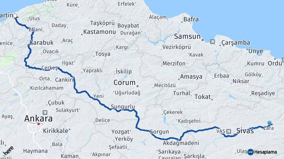 Sivas Zara Bartın Arası Kaç Km - Yol Haritası