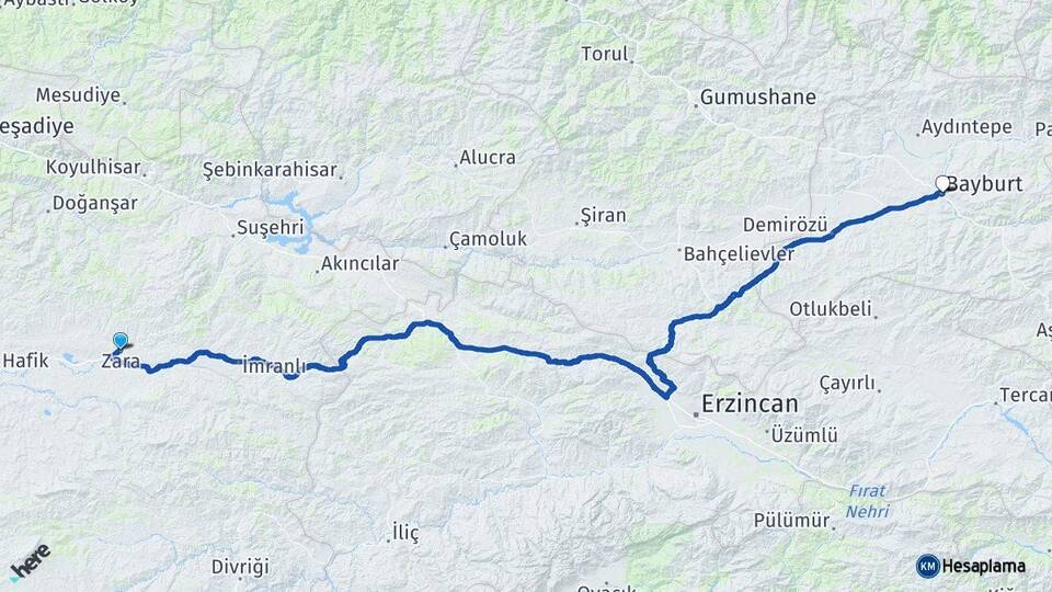 Sivas Zara Bayburt Arası Kaç Km - Yol Haritası