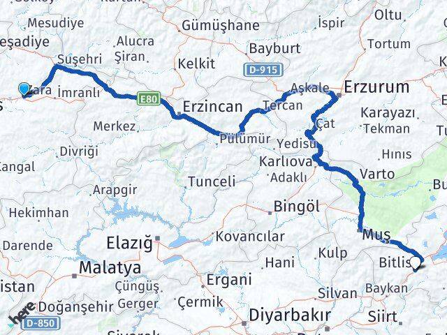 Sivas Zara Bitlis Arası Kaç Km - Yol Haritası