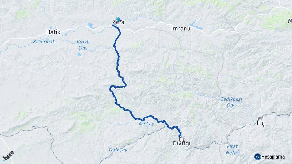 Sivas Zara Divriği Arası Kaç Km - Yol Haritası