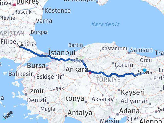 Sivas Zara Edirne Arası Kaç Km - Yol Haritası