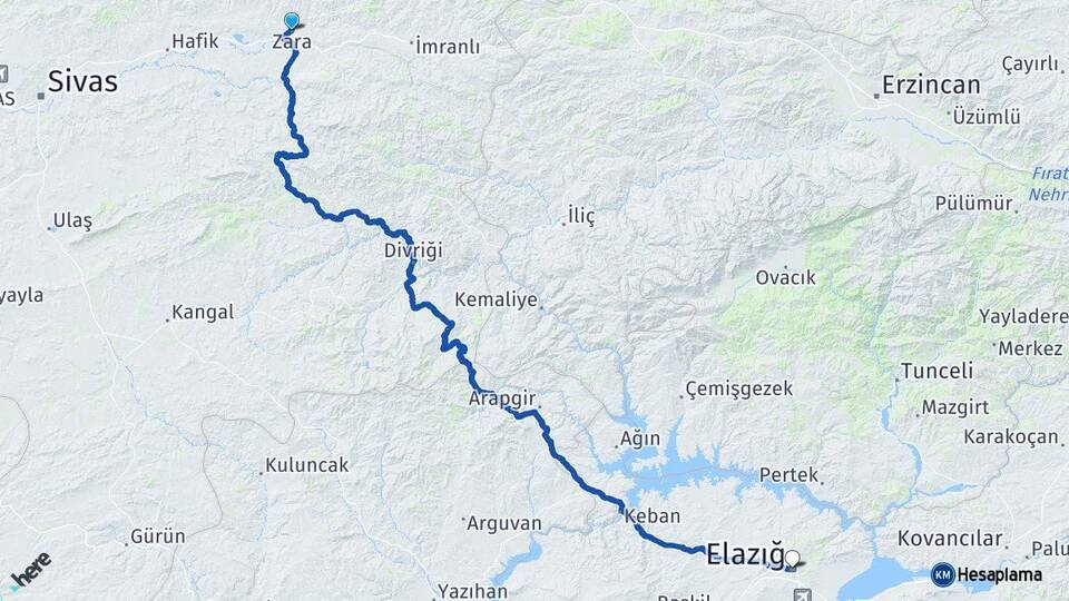 Sivas Zara Elazığ Arası Kaç Km - Yol Haritası