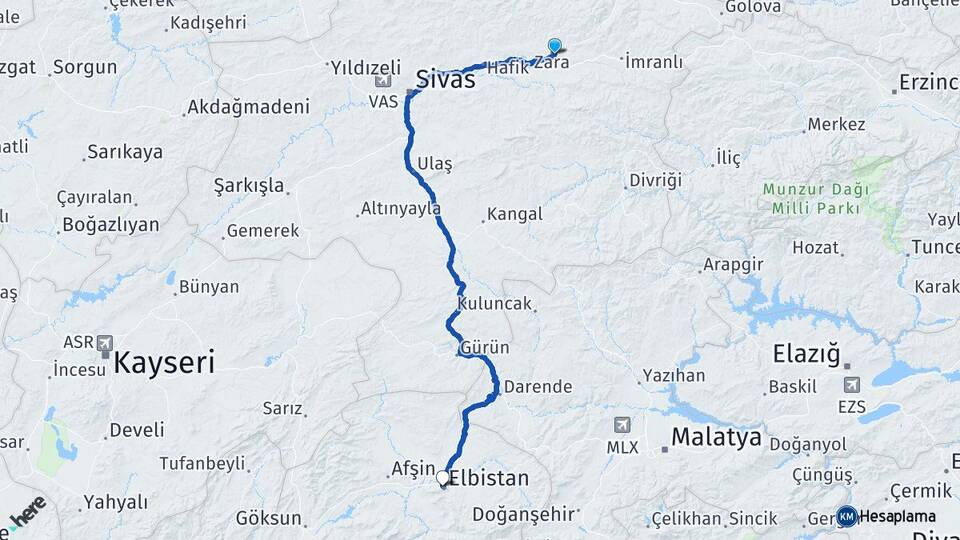 Sivas Zara Elbistan Kahramanmaraş Arası Kaç Km - Yol Haritası