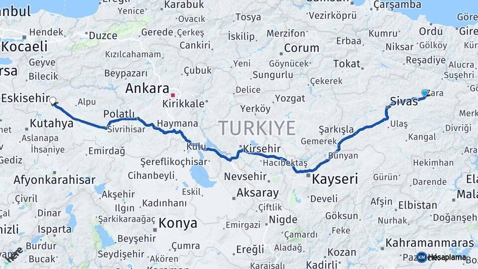 Sivas Zara Eskişehir Arası Kaç Km - Yol Haritası