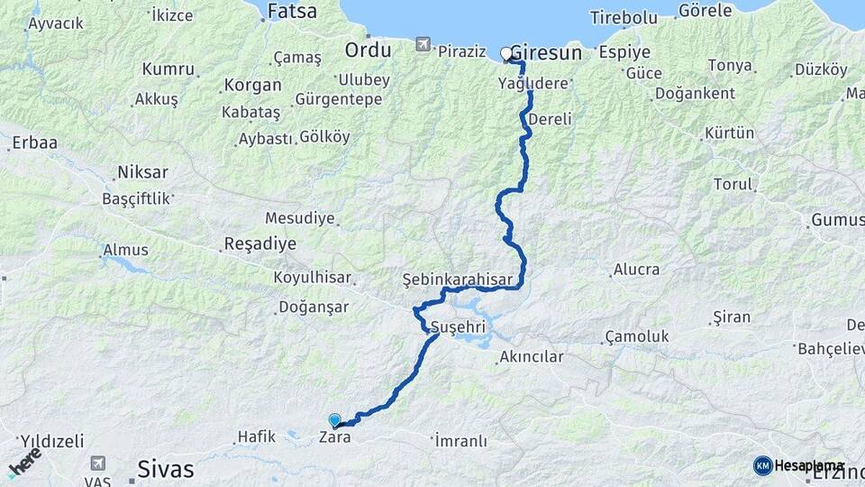 Sivas Zara Giresun Arası Kaç Km - Yol Haritası
