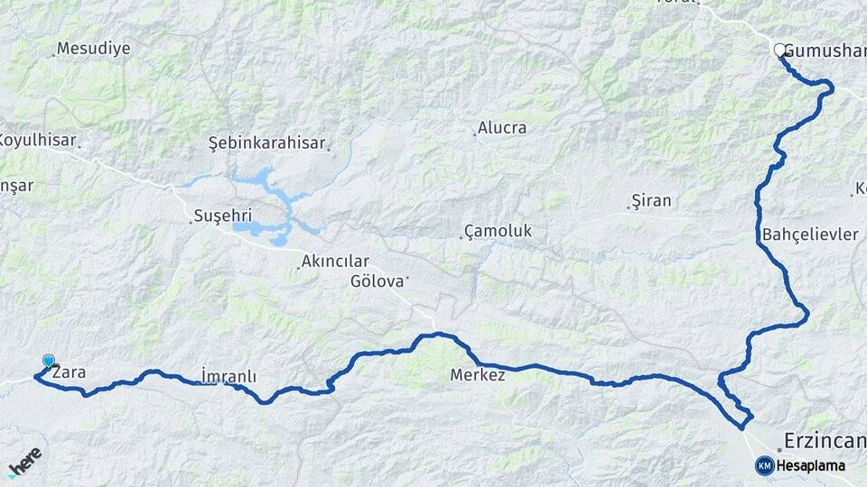 Sivas Zara Gümüşhane Arası Kaç Km - Yol Haritası