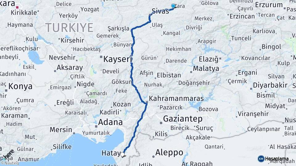 Sivas Zara Hatay Arası Kaç Km - Yol Haritası