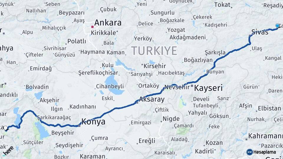 Sivas Zara Isparta Arası Kaç Km - Yol Haritası