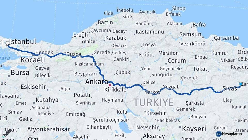 Sivas Zara İstanbul Arası Kaç Km - Yol Haritası