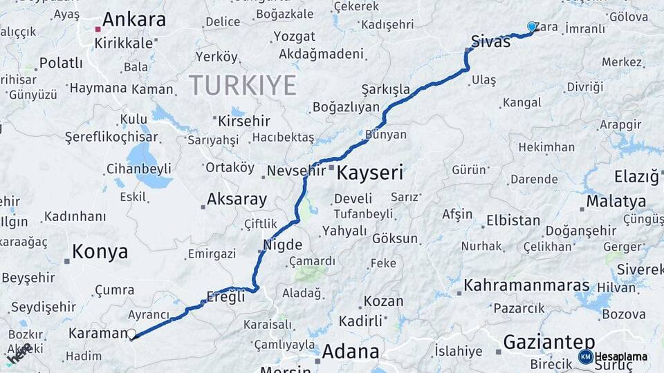 Sivas Zara Karaman Arası Kaç Km - Yol Haritası
