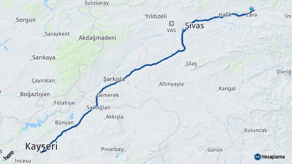 Sivas Zara Kayseri Arası Kaç Km - Yol Haritası
