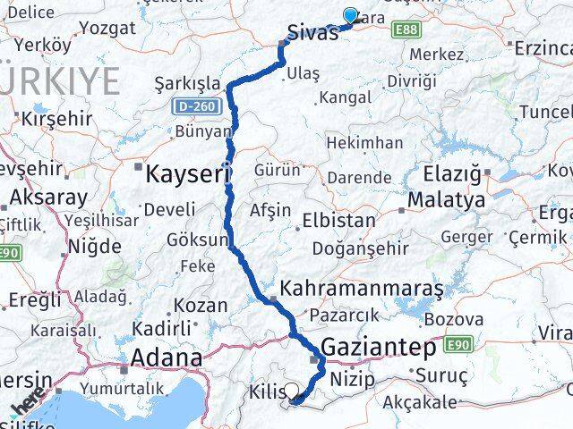 Sivas Zara Kilis Arası Kaç Km - Yol Haritası