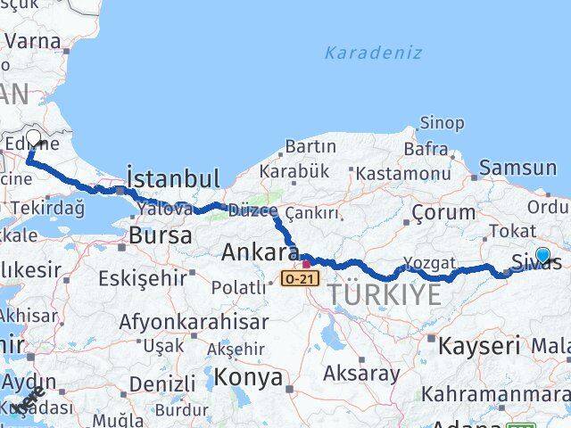 Sivas Zara Kırklareli Arası Kaç Km - Yol Haritası
