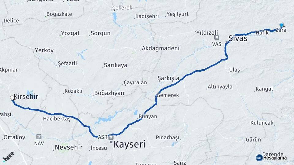 Sivas Zara Kırşehir Arası Kaç Km - Yol Haritası