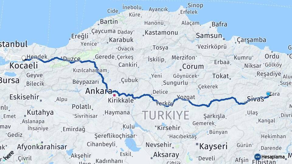 Sivas Zara Kocaeli Arası Kaç Km - Yol Haritası