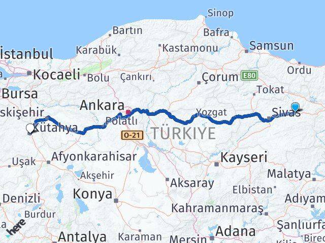 Sivas Zara Kütahya Arası Kaç Km - Yol Haritası